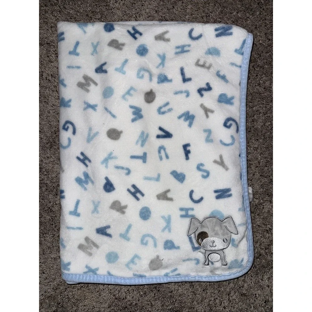 S.L. Home Fashions Baby Blanket Blue Boy Letters Gray Puppy Dog Embroidered